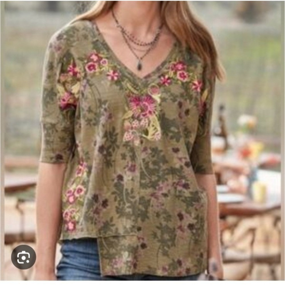 Sundance Floral Embroidered Top Cotton Green Asymmetric Hem Festival India XS